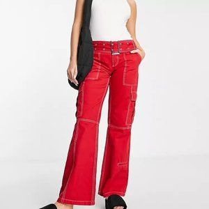 ASOS DESIGN Belted Flare Combat Cargo Pants In Red Size 8 NWOT